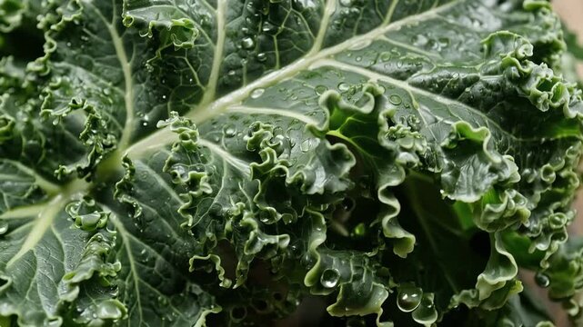 Pan slow motion close up of kale leaves with water droplets drifting and glistening on wooden tabletop in kitchen morning light showing texture veins and curled edges in calm natural mood