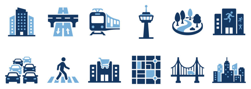 City and urban life icons set. Modern city infrastructure and transportation concept. Includes buildings, overpass, train, control tower, park, traffic, pedestrian, shopping mall, map,