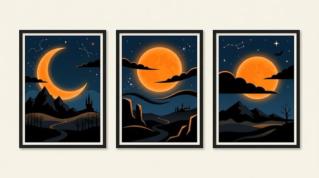 Spooky halloween template wall art set crescent moon full moon and bats