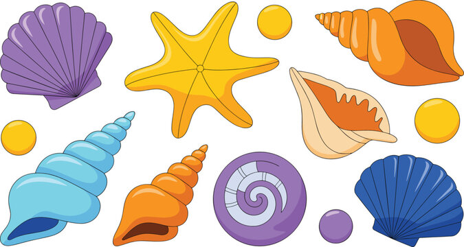 Sea life elements flat vector illustration set. Spiral conchs, scallop shells, a starfish, and yellow bubbles form a cute marine beach collection.