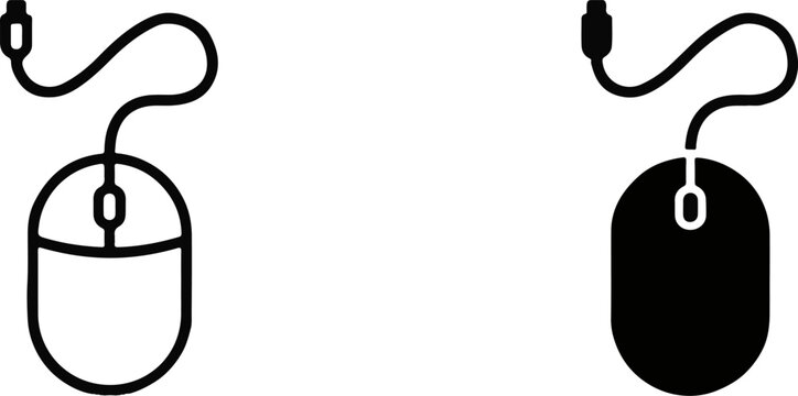 Set of computer mouse with a cable shown in both outline and solid black styles on a plain white background, for tech hardware