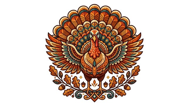 Ornate Thanksgiving Turkey Illustration with Autumn Oak Leaves and Acorns Isolated on White Background