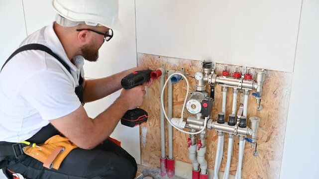 Professional plumber services indoor pipe manifold with hand tools. Worker checks valves, fittings, and plumbing connections during system setup and maintenance