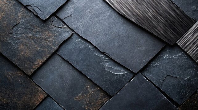 High-end commercial product display background featuring dark grey slate stone and brushed gunmetal panels, heavy minimalist luxury podium and top-down abstract background for men's cosmetics, watch, 