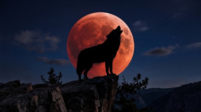 Mystical wolf silhouette howling at blood moon, majestic predator on mountain cliff at night, lunar eclipse with red full moon and starry sky background