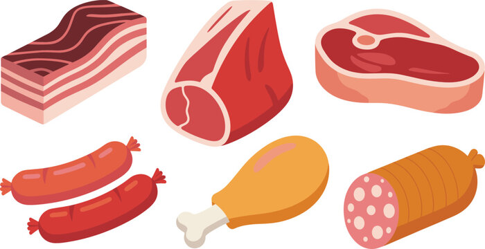 Butcher meat flat vector illustration assortment. Striped bacon, raw beef cuts, T-bone steak, sausages, drumstick, and salami roll form a fresh grocery set.