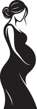 Artistic silhouette of pregnant lady profile showing belly bump and flowing hair on transparent background.