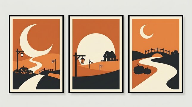 Spooky halloween template triptych wall art for autumn decor parties
