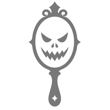 Ornate hand mirror with scary skull face reflection, evil grin, sharp teeth, haunted object, spooky icon