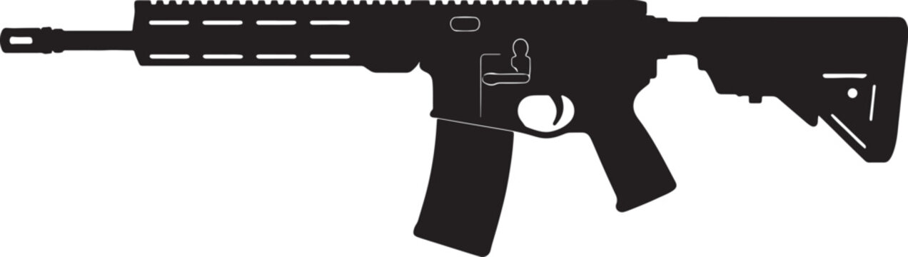 Tactical assault rifle silhouette vector icon featuring modern modular rail system and adjustable buttstock.