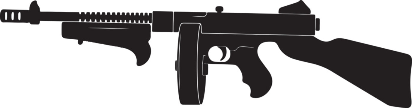 Old gangster tommy gun vector illustration, classic submachine gun silhouette isolated on transparent background.