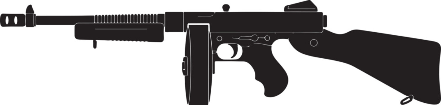 Old gangster tommy gun vector illustration, classic submachine gun silhouette isolated on transparent background.