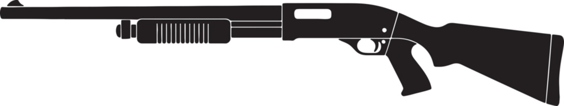 Pump-action shotgun vector illustration, classic hunting rifle silhouette isolated on transparent background.