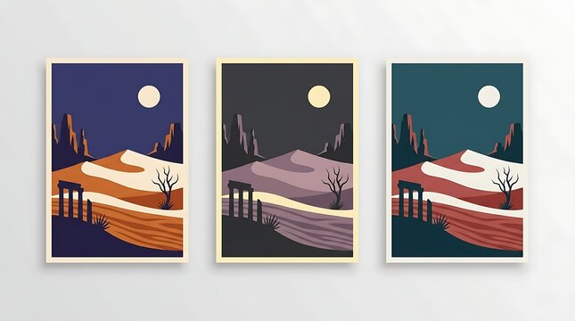 Spooky halloween template desert landscape wall art set with moon and ruins
