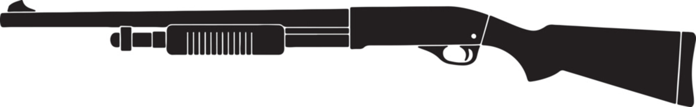 Pump-action shotgun vector illustration, classic hunting rifle silhouette isolated on transparent background.