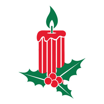 Red candle with green flame and holly berries, festive Christmas decoration element
