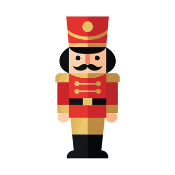 Pixel art nutcracker soldier in red uniform, flat design, festive holiday character, winter celebration icon
