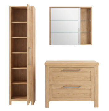 light wooden bathroom furniture set with a cabinet vanity and mirror