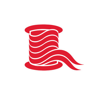 Red spool of thread icon with flowing strands, simple flat design for sewing and crafts