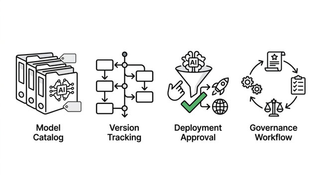 Business process icons for model catalog version tracking deployment approval and governance workflow.
