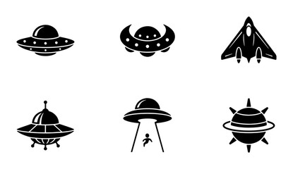 Alien Spaceship Icons, UFO Vector Set, Flying Saucer Graphics, Sci-Fi Craft Symbols © Ridhi
