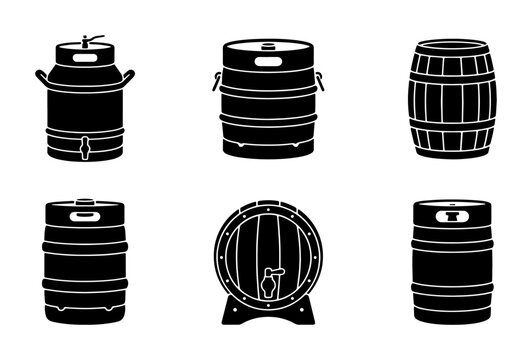 Beer Kegs and Barrels Vector Icons Set: Craft Brewery, Storage, Beverage Containers