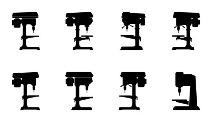 Fototapeta premium Drill Press Icons Set, Workshop Tools Vector Collection, Industrial Machinery Silhouettes