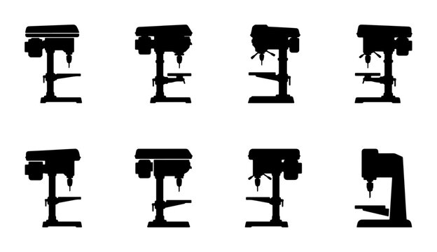 Drill Press Icons Set, Workshop Tools Vector Collection, Industrial Machinery Silhouettes