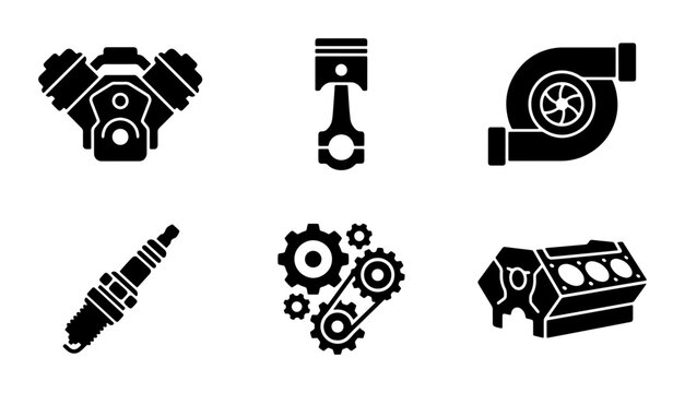 Automotive Engine Parts Icons Set, Mechanical Components Vector Graphics, Motor Vehicle Industry Symbols