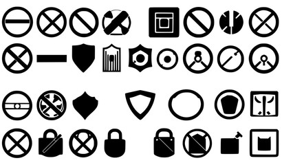 Fototapeta premium Security interface vector icon set with black shields padlocks restriction signs isolated on pure white background