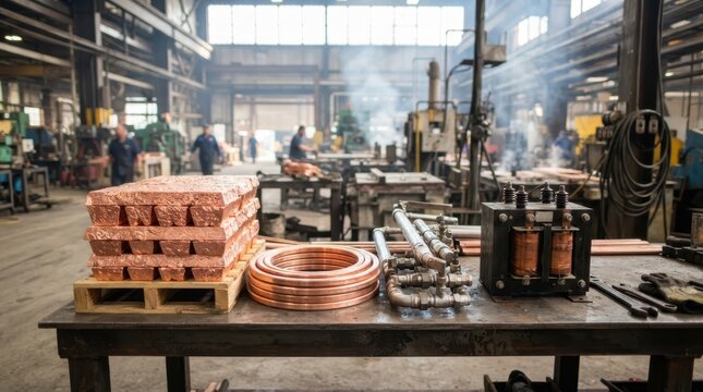 Copper cathodes, busbars, cooling pipes, and transformer for copper refining and manufacturing output