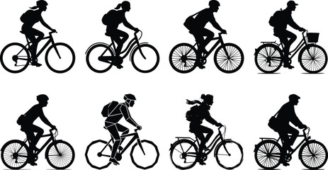 Obraz premium Cyclist Silhouette Vector Collection Featuring People Riding Bicycle Icons for Transportation and Urban Mobility