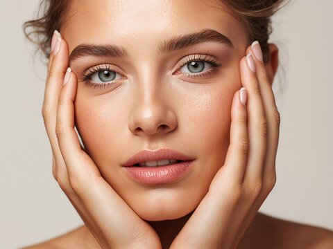 Retrato beauty de mujer con piel saludable y manos en el rostro para cosm&eacute;tica facial