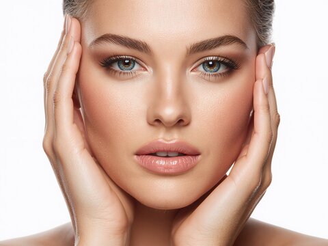 Retrato beauty de mujer con piel luminosa y manos en el rostro para tratamiento facial