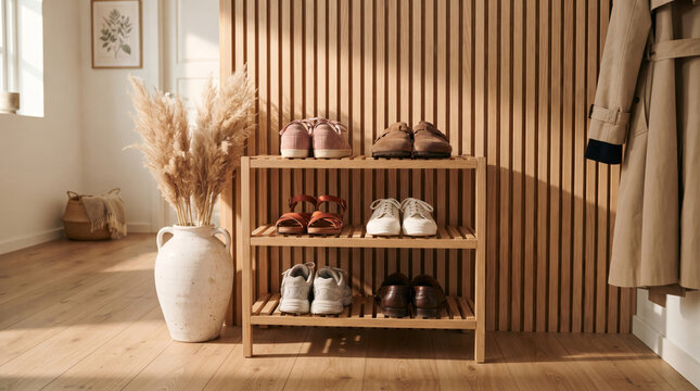 wooden shoe rack with different pairs of shoes in a bright hallway interior