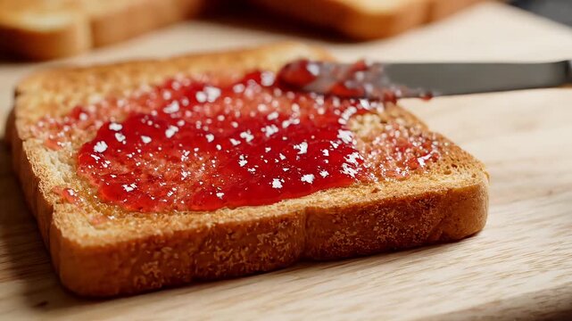 Spreading sweet red berry jam on a golden toasted bread slice for a healthy breakfast