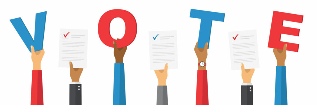 Hand holding vote letters with approval checkmarks isolated on transparent background