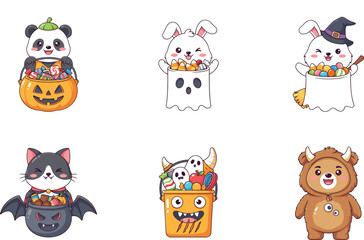 Fototapeta premium Cute halloween characters with candy buckets cartoon