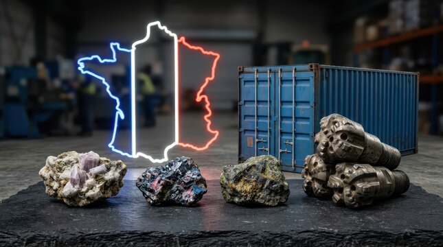 Critical minerals strategy with lithium cobalt and nickel samples, France map outline, freight container, and drilling bits