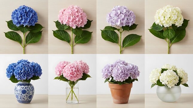 Collection of colorful hydrangea flowers in blue pink white and green with leaves in vases and ceramic pots