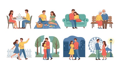 Fototapeta premium Vector illustration set of romantic couples spending time together on various dates isolated on a white background. (17 words)