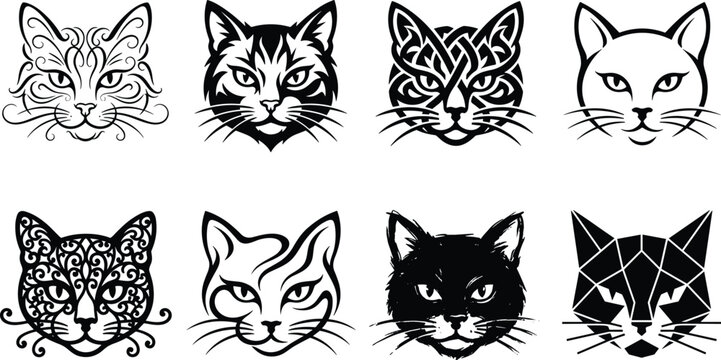 Set of black and white vector cat face illustrations and decorative animal designs.