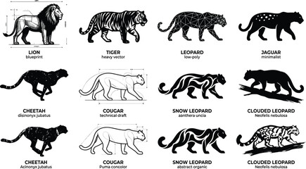 Set of black and white wild big cat silhouettes featuring lion tiger and leopard. © MdAbdur