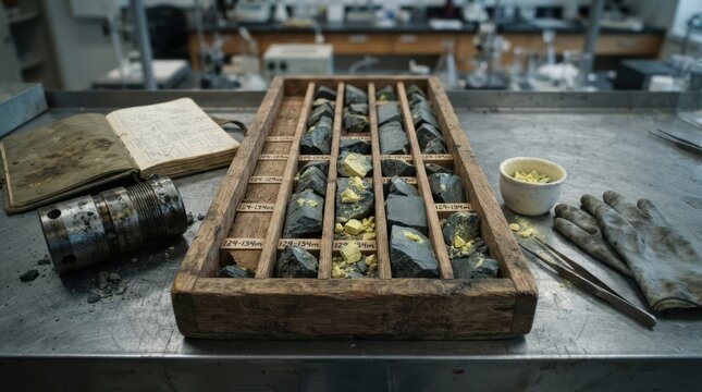 Uranium core samples, drill collar, field notebook, protective gloves, and sample cup on a steel bench for mining geology and ore analysis.
