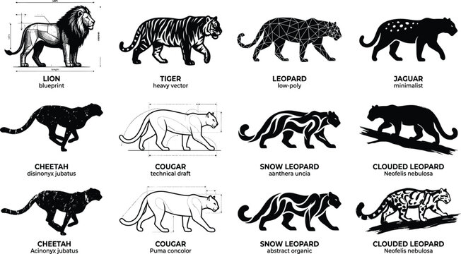 Set of black and white wild big cat silhouettes featuring lion tiger and leopard.
