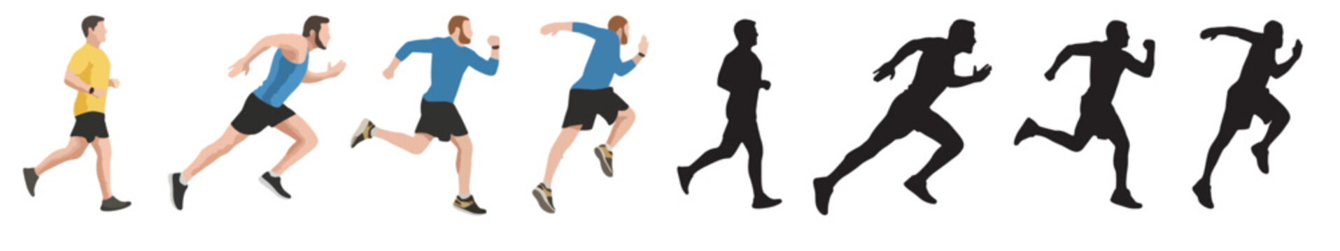 Athletic men running sequence and motion silhouettes set, male runner animation poses vector illustration