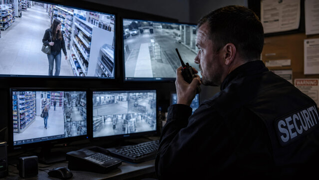Security guard monitoring surveillance cameras in a store for shoplifting prevention. Private investigator watching screens for retail theft. Professional safety and loss control concept.