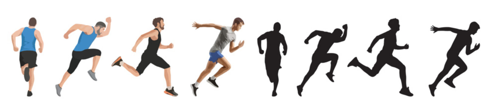 Male runners in dynamic sprinting poses set, athletic men jogging animation and motion silhouettes vector illustration