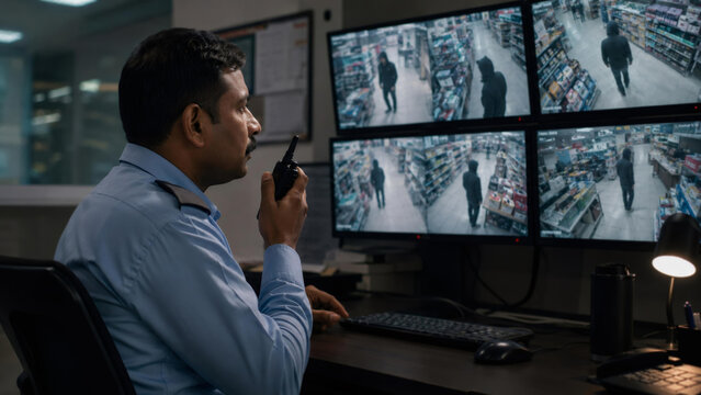 Security guard monitoring shoplifter on CCTV screens in room. Specialist using radio transmitter to report crime in supermarket. Safety, crime prevention and surveillance control concept.