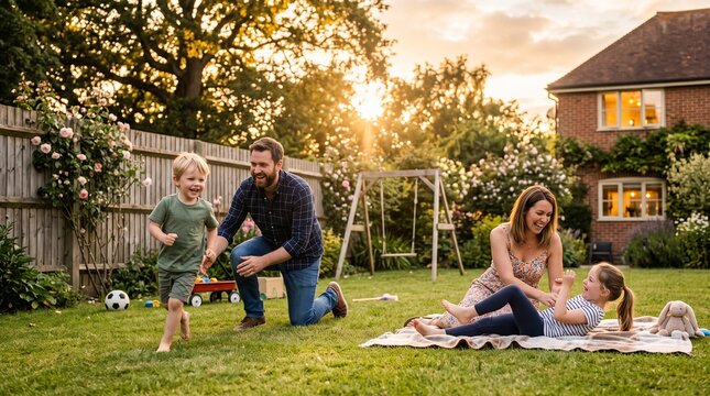 Happy family enjoying a sunny evening playing in their backyard garden with a house in the background